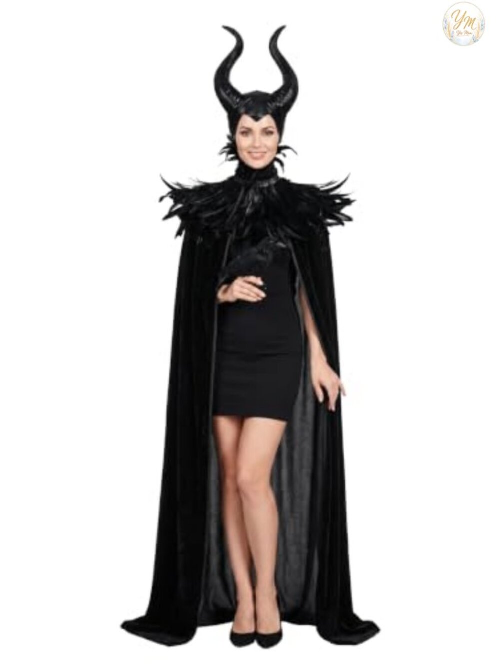 Feather Cape Shawl with Horns Velvet Costume Gothic Witch